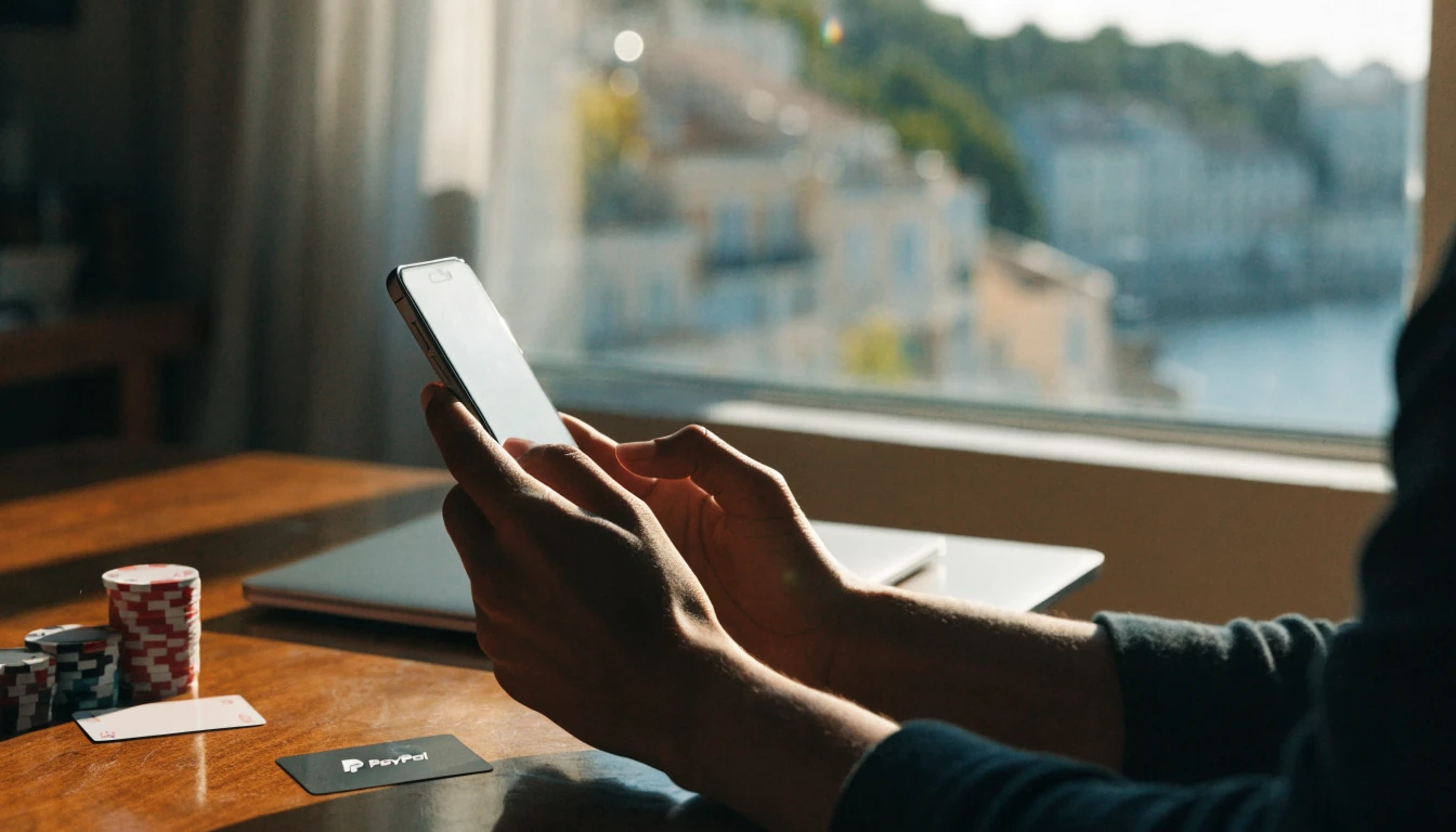 PayPal kartica i kockarske žetone na stolu uz smartphone u hrvatskom stanu