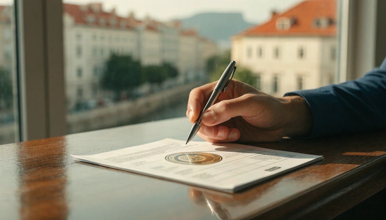 Službeni dokument licence na drvenom stolu u hrvatskom uredu