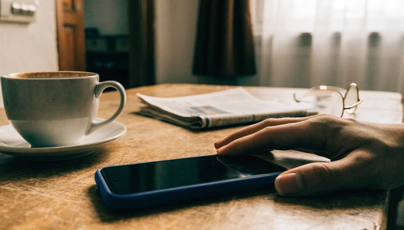 Ručni telefon na stolu u svakodnevnoj kućnoj atmosferi