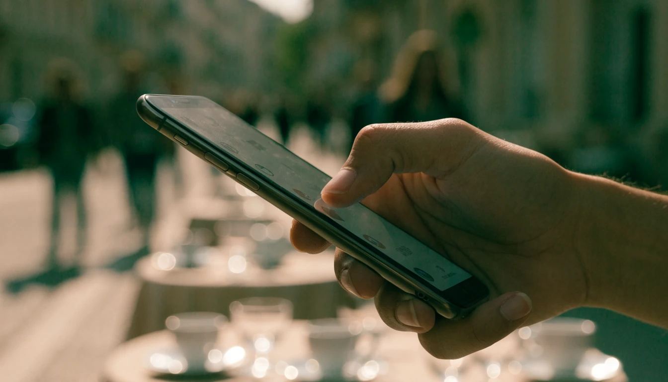 Ruka drži telefon dok pregledava sadržaj na kavi u gradu