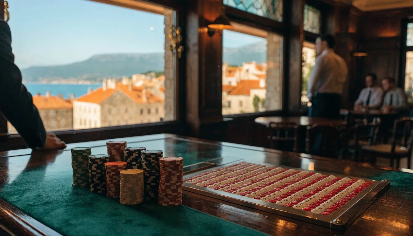 Elegantno hrvatsko casino okruženje s keno pločom i čipovima uz pogled na jadransku obalu.
