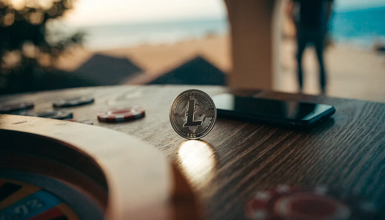 Litecoin kovanica, casino žetoni i telefon na drvenom stolu uz more