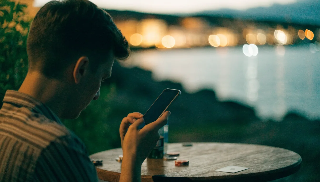 Osoba na hrvatskoj obali drži smartphone uz čipove na stolu