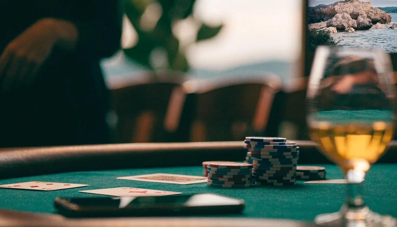 Stol za blackjack s karticama, žetonima i modernim telefonom