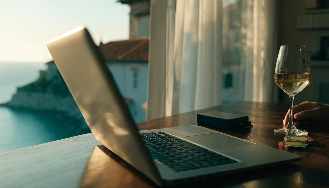 Laptop uz kripto novčanik na terasi s pogledom Jadransko more